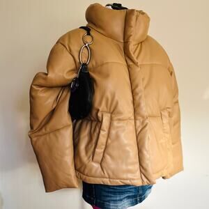 Abercrombie | The A&F Mini Puffer Jacket Tan Faux Leather Winter Coat | Size XL